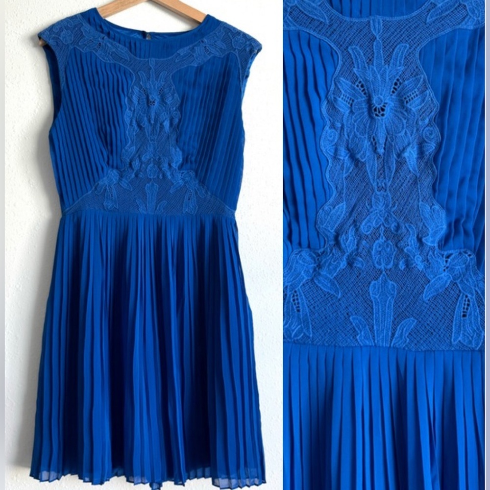 Ted Baker Dress Sz 2 Saskiah Cobalt Blue Lace Pleated Small Wedding Guest Party
